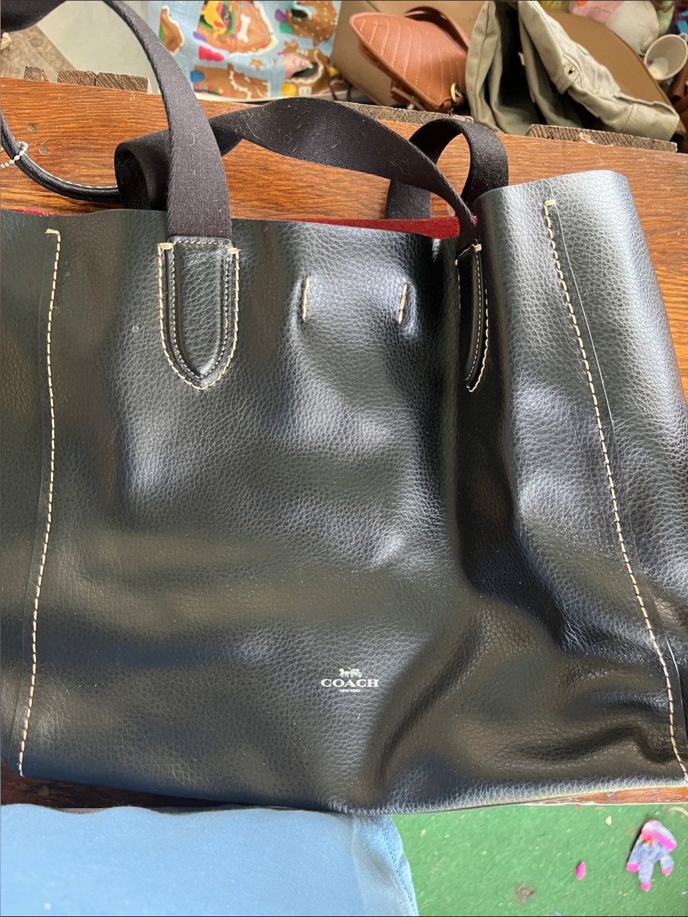 Coach Black Leather Tote with Cream Contrast Stitching